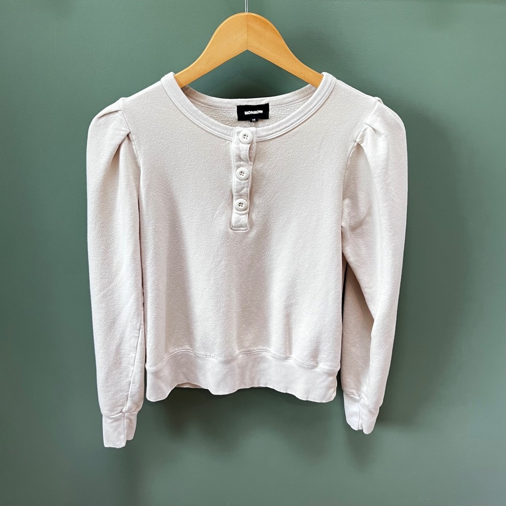 Monrow Womens Puff Sleeve Henley Sweatshirt Lightweight‎ Cream Off White XS